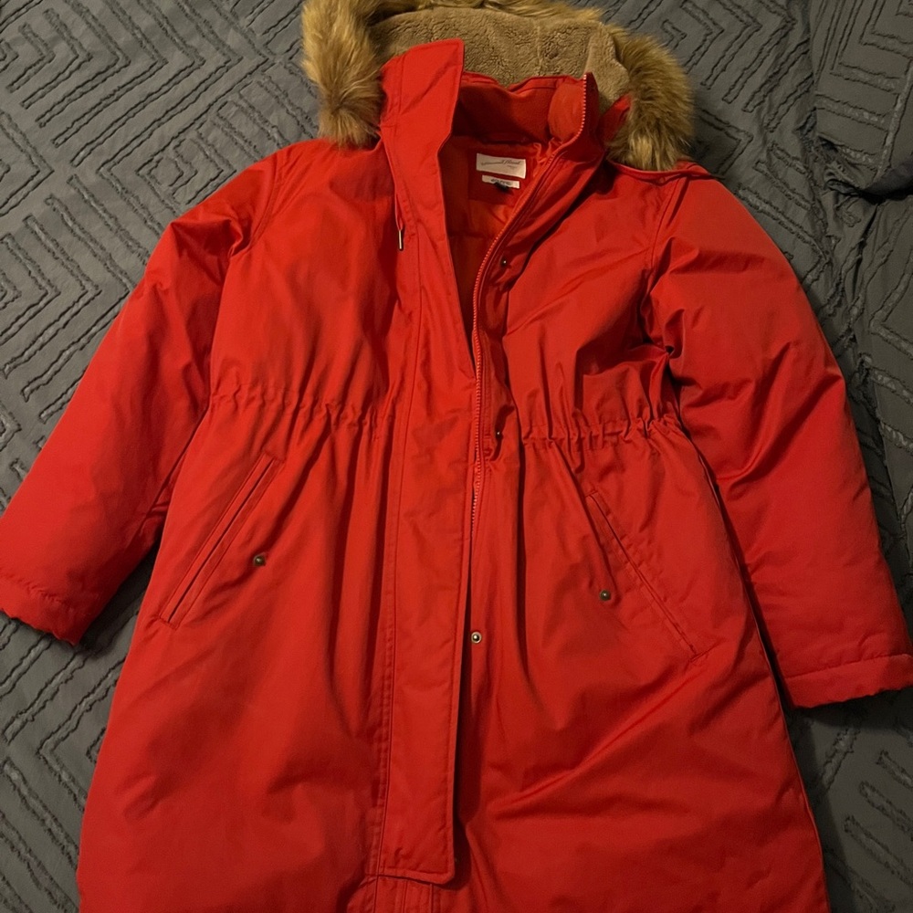 Women's Red Puffer Coat with Faux Fur Hood